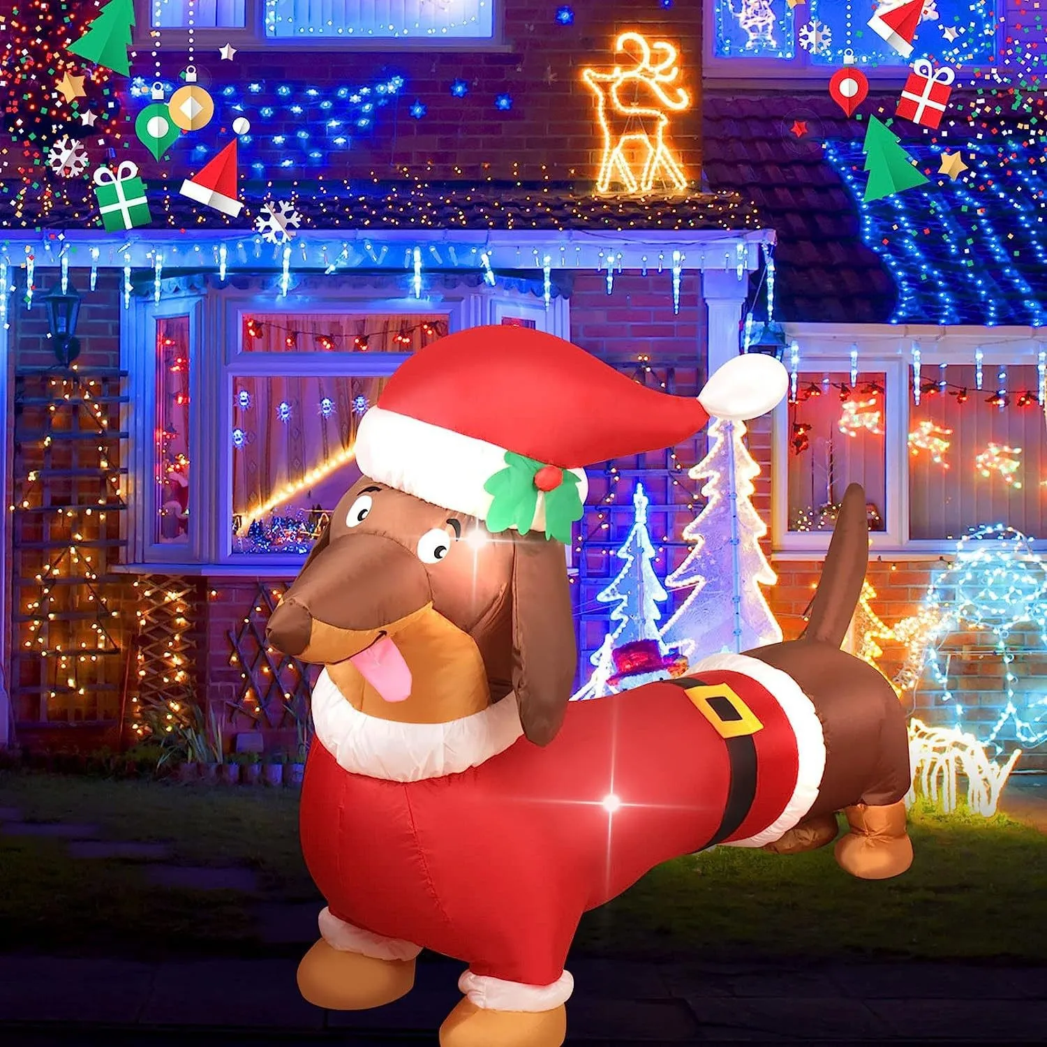 Inflatable Balloon with LED Lights for Christmas Decoration, Balloon Arrangement, Pet Dog with Hat, Festive Props, 1.5m