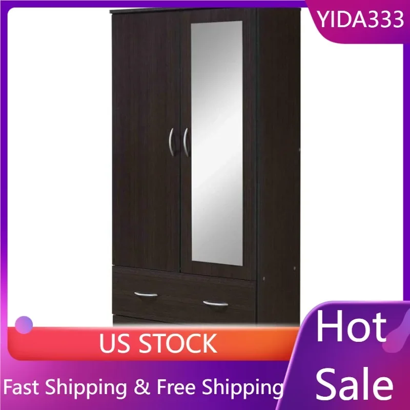 

Hodedah Two Door Wardrobe with Two Drawers and Hanging Rod plus Mirror,Chocolate