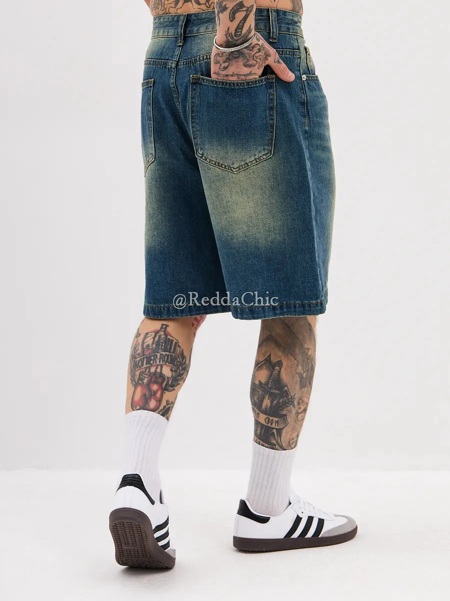 REDDACHiC เก่าหนวดเบอร์มิวดากางเกง Baggy Jorts กระเป๋าต่ําเอว Vintage Wash Denim กางเกงขาสั้นฤดูร้อนผู้ชาย Streetwear