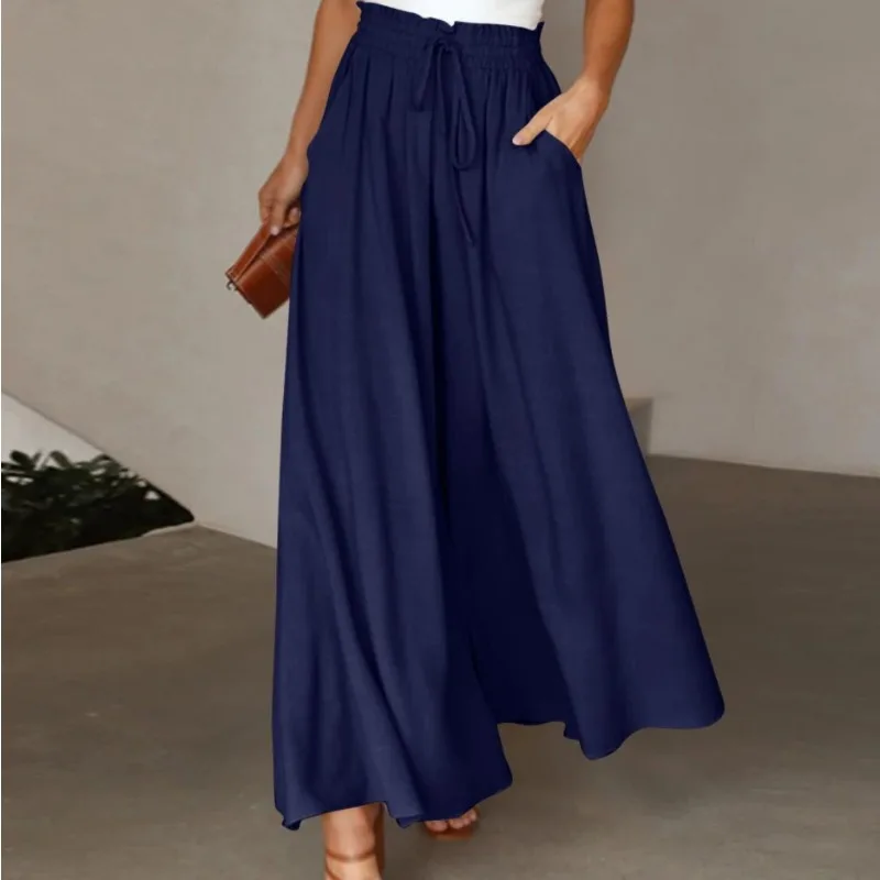 Summer New Women's Wide-leg Trousers Elastic Belt Wide-leg High-waisted Long Culottes Women