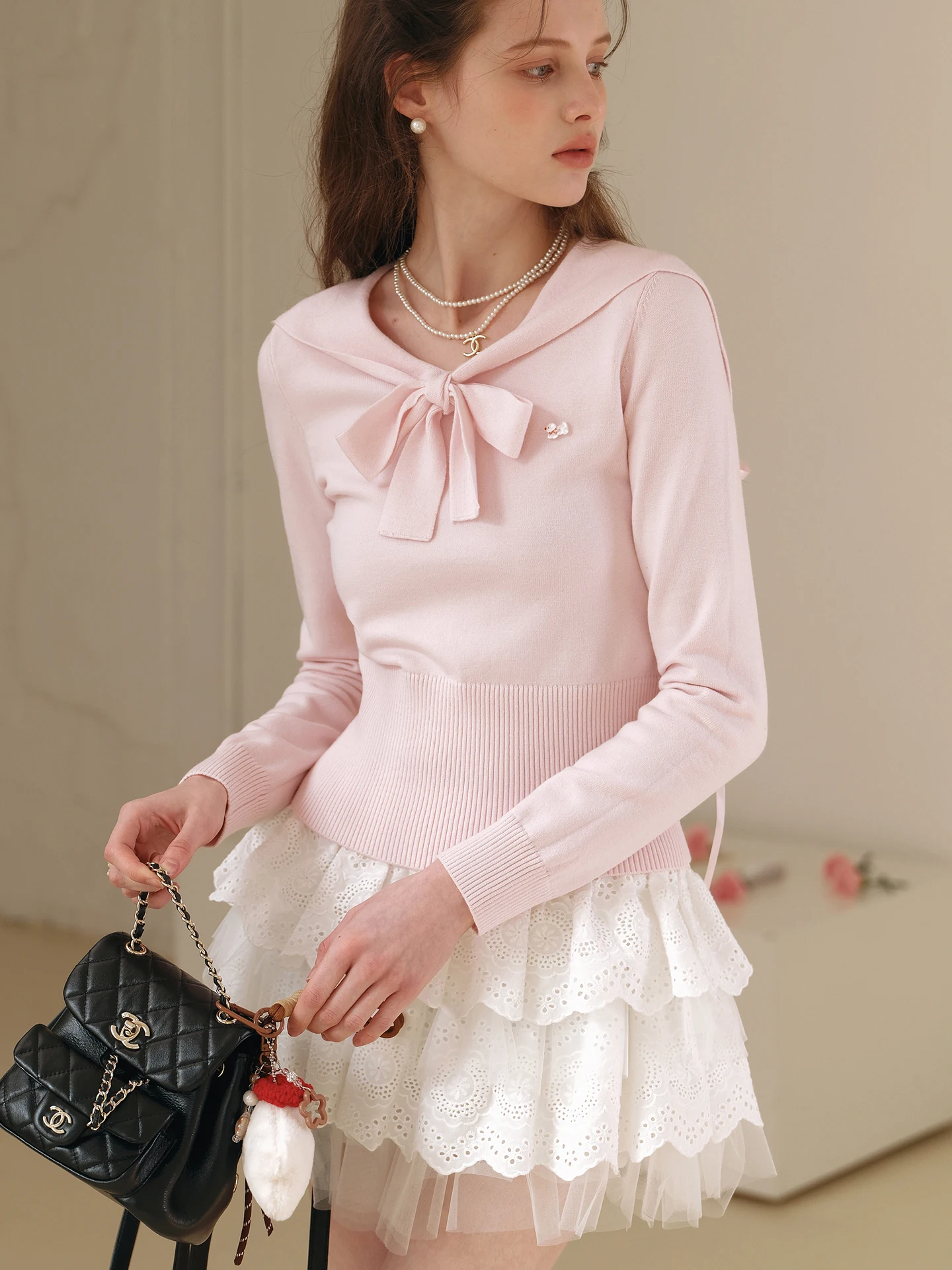 Sweet Style Knitted Sweater with Bow Knot Waist Cinching Long Sleeve Navy Collar Outerwear Ready to Wear Women's Top