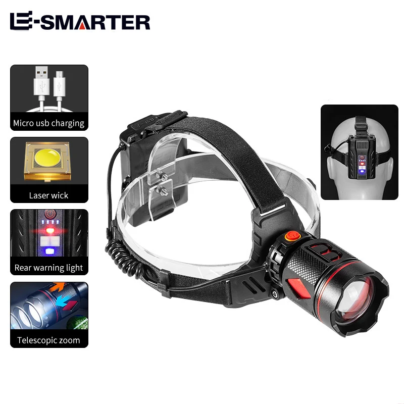 LED Zoom Headlamp Camping Search Light USB Rechargeable Headlight Led Head Torch Work Light with Built-in Battery