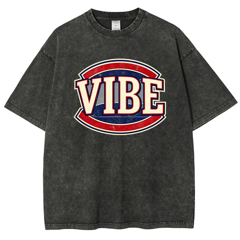 Vintage VIBE Graphic T Shirt Retro Varsity Letter Print Washed Cotton Crew Neck Casual Short Sleeve Tee for Men Women