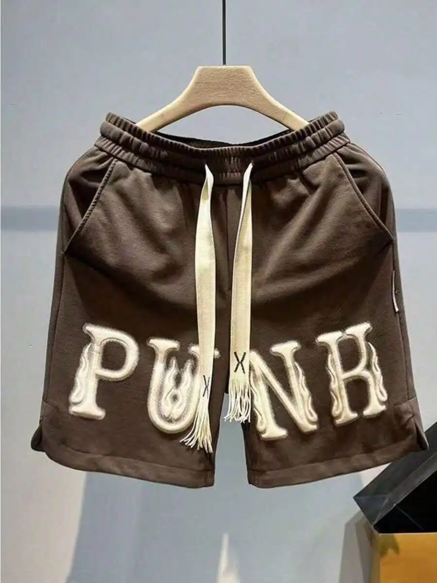Mens Casual Punk Style Shorts With Embroidered Letter Print Loose Fit Drawstring Waist Summer Streetwear