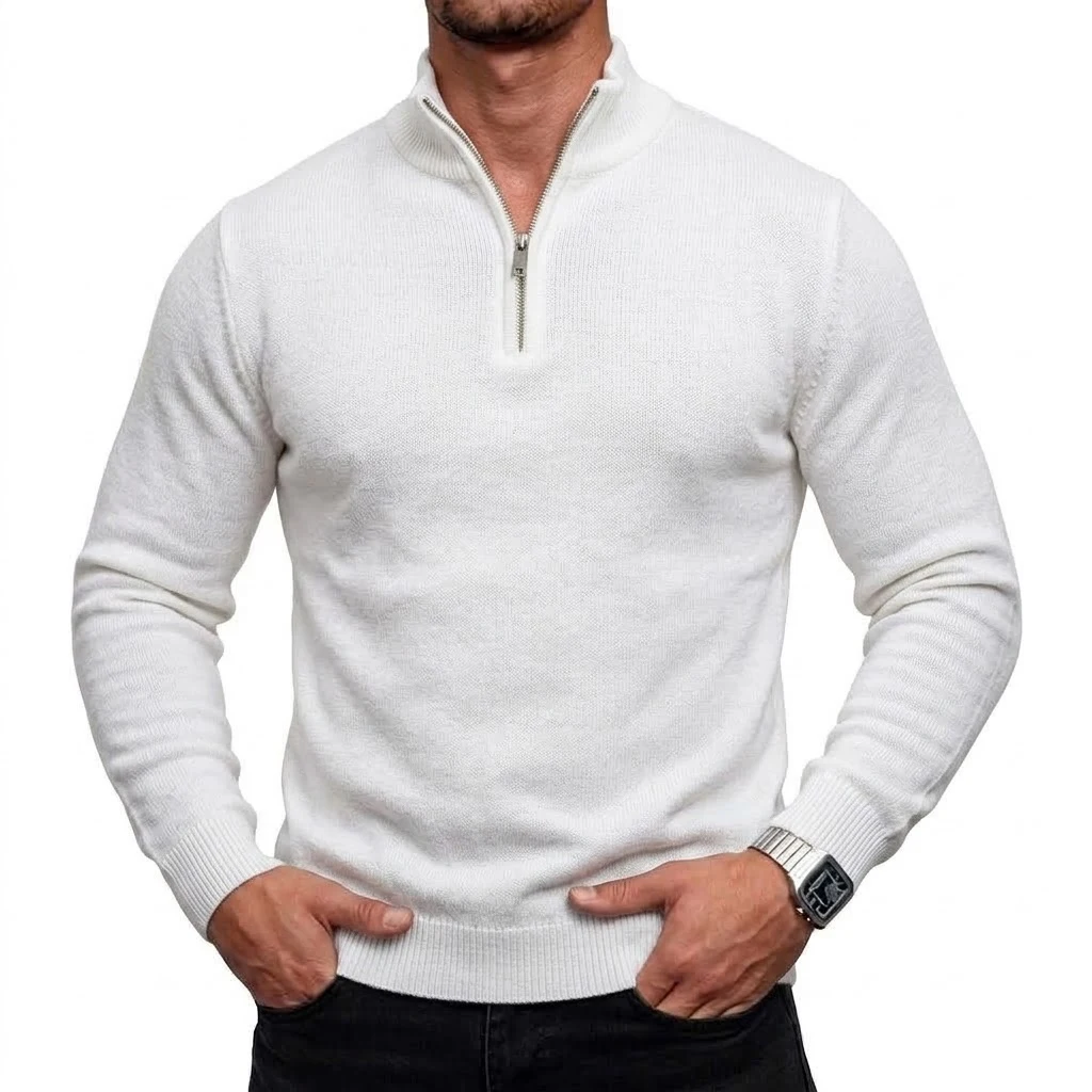 Neuer Herren-Pullover mit Reißverschluss, Slim Fit, Stehkragen, Lässiger Langarm-Strickpullover, Warmes Oberteil für den Winter, Strickbekleidung – Detail 4