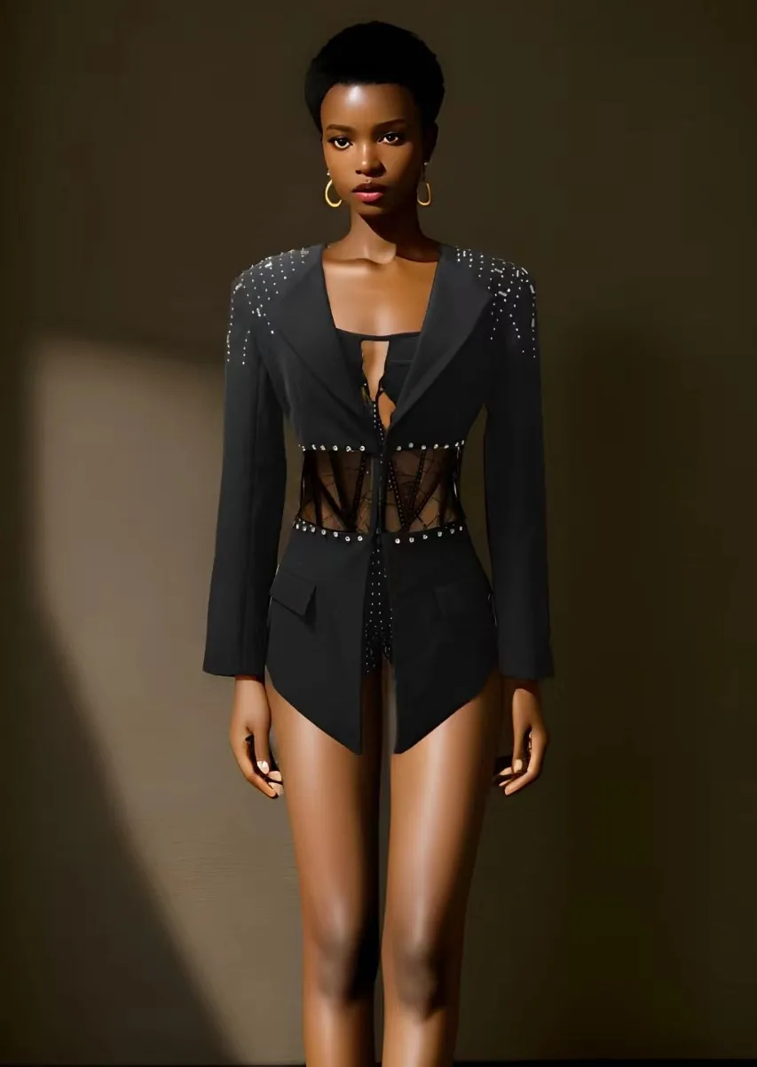 

2024 High End Fashion Women Black Crystal Rivets Strapless Playsuits And Blazer Two piece Sets High Street Evening Party Outfits