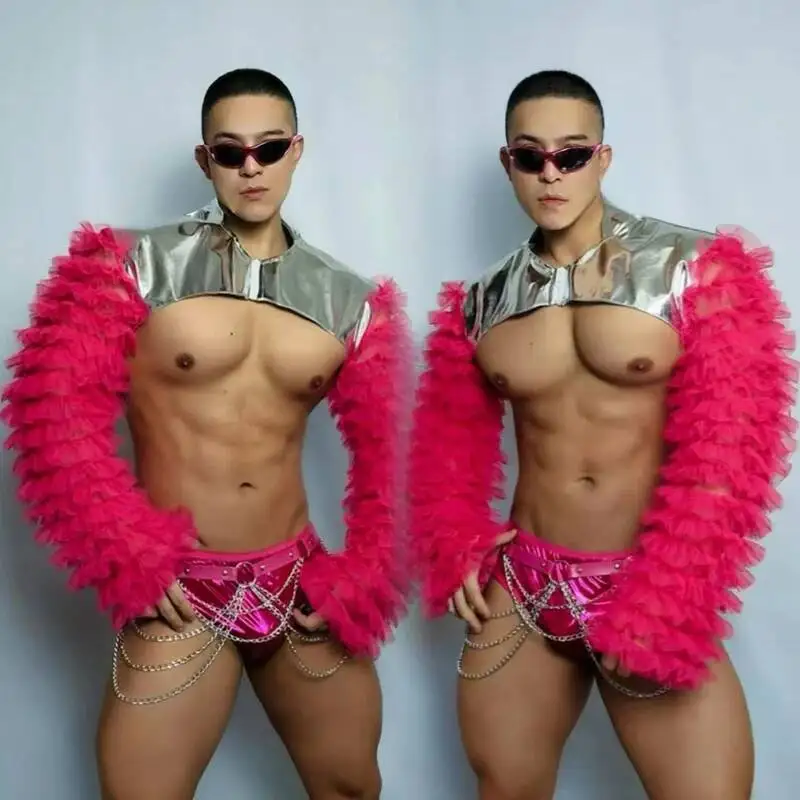Muscle Man Gogo Dancer Costume Lace Sleeves Coat Laser Shorts Men Sexy Pole Dance Clothing Nightclub DS DJ Stage Wear view 3
