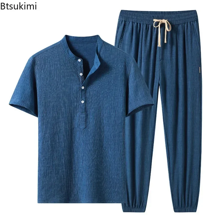 2025 Men's Casual Pant Sets Spring Summer Ice Silk Breathable Short Sleeve T-shirts and Pants Two Pieces Sportswear Outfits Male