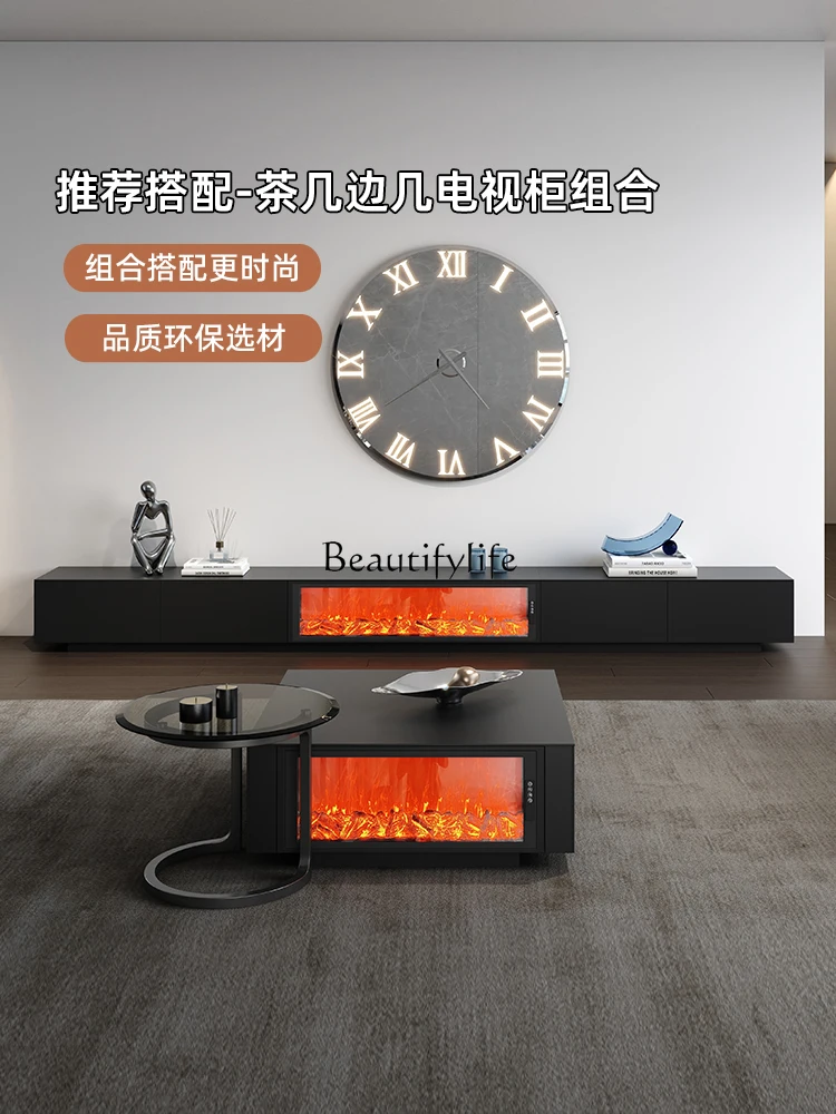 Black Floor 3D Flame Fireplace Simple and Light Luxury Living Room Square Solid Wood Coffee Table Light Luxury