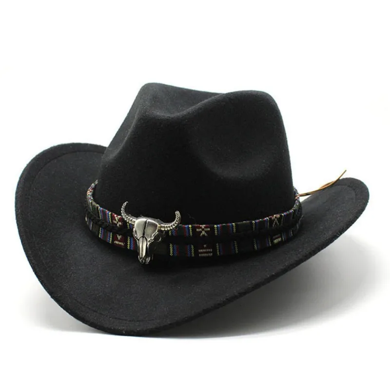 

European American Style Western Cowboy Hat Ox Horn Woolen Jazz Top Hat Male Ladies' National Style Felt Cap Broad-brimmed Hat