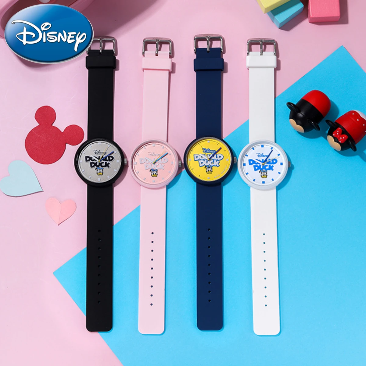 Jam tangan Quartz, hadiah Disney dengan kotak, kartun, Donald Duck, jam tangan kuarsa sederhana, kalender, Resin, pelajar, lucu, jam anak-anak