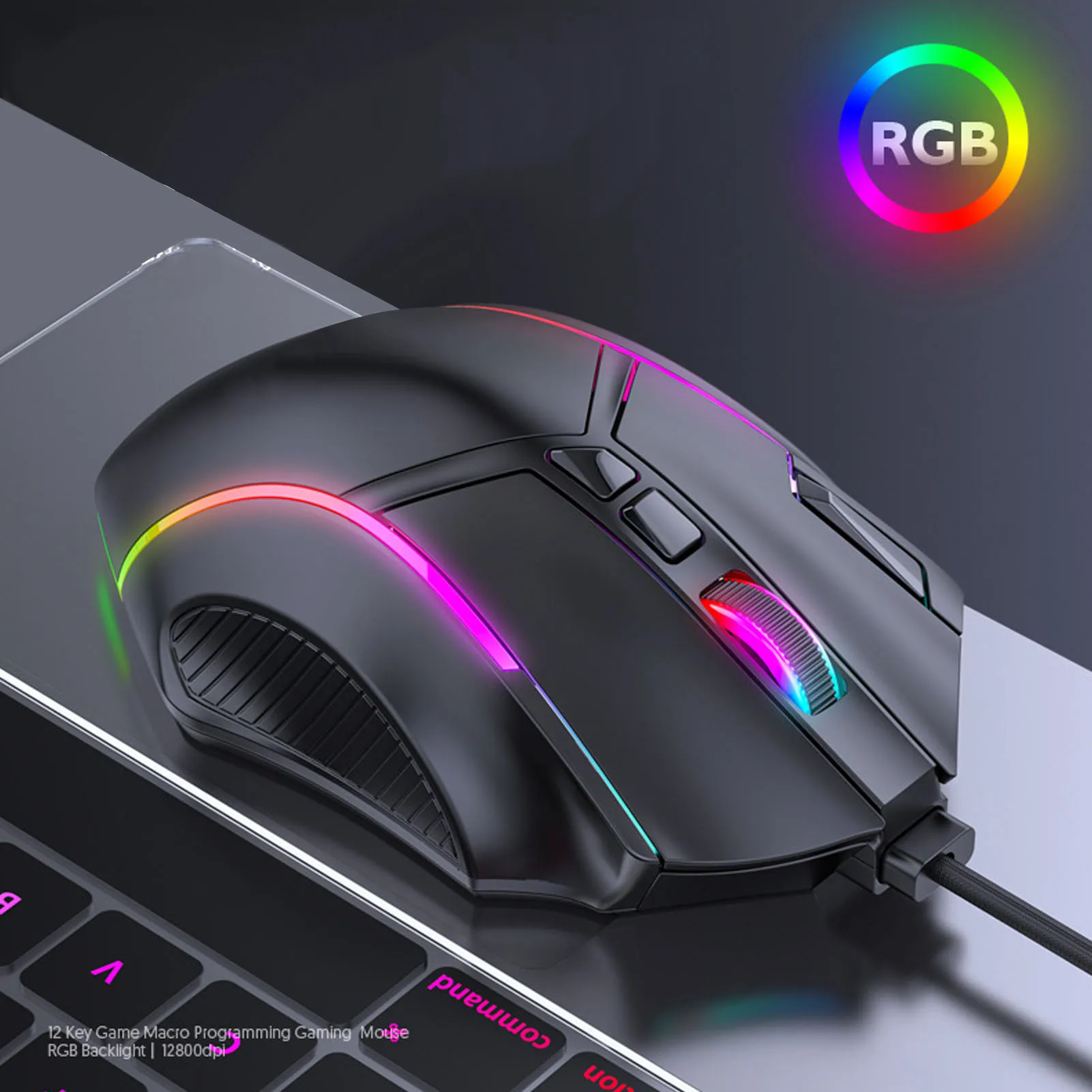 

Игровая мышь RGB, проводная, 12800 точек на дюйм, 12 клавиш, сменные аксессуары для компьютера Macro Definition