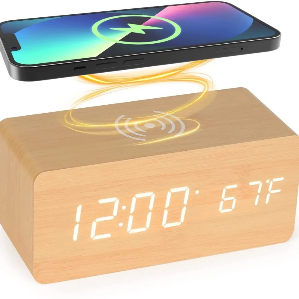 LED Digital Wood Desk Alarm Clock Wireless Charger Temperature Monitor Electronic Timepiece Silent Minimalist Home Table Decor