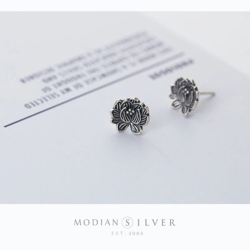 Modian Vintage Charm Black Lotus Stud Earrings for Women Classic Exquisite Trendy Jewelry 925 Sterling Silver Fine Brincos