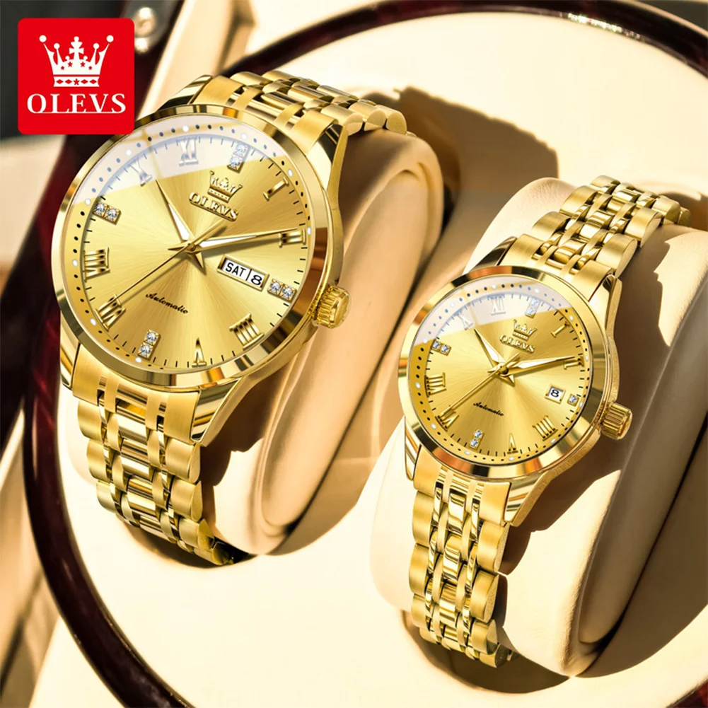 OLEVS 7062 Couple Watch Brand Luxury New Automatic Mechanical Watch Gold Waterproof Date Diamond Couple Watch for Men Women