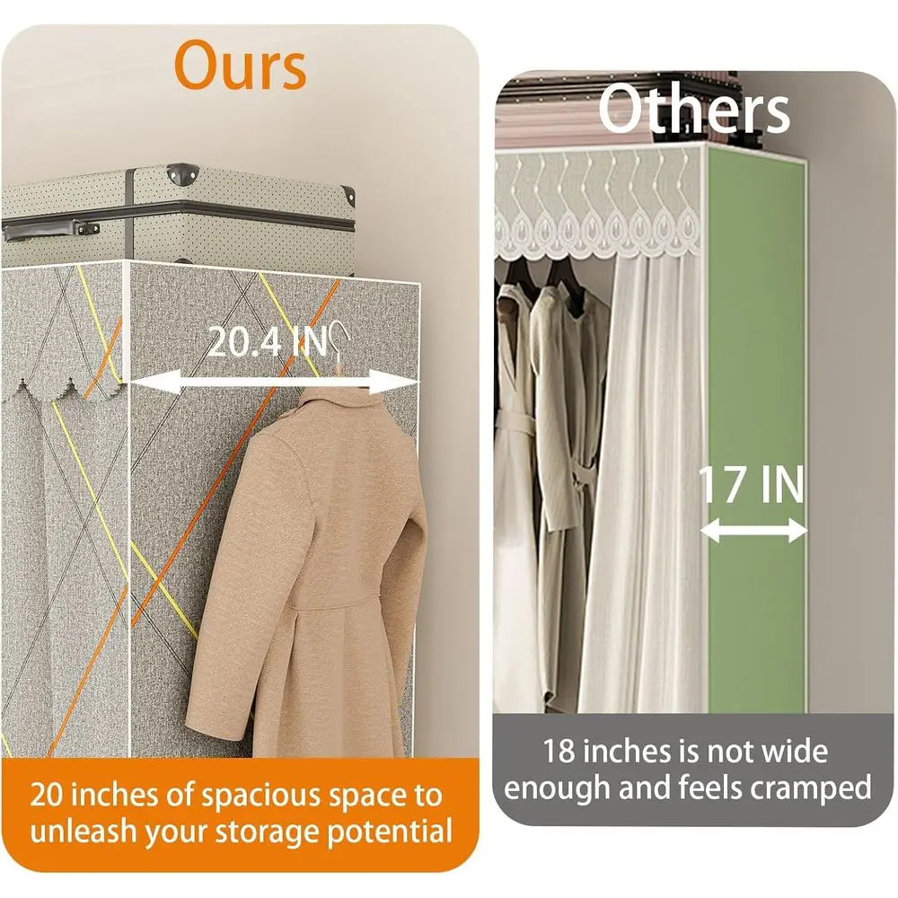Durable Heavy-Duty Double Rod Portable Wardrobe with Cover, Up to 1000 lbs Capacity, Gray view 5