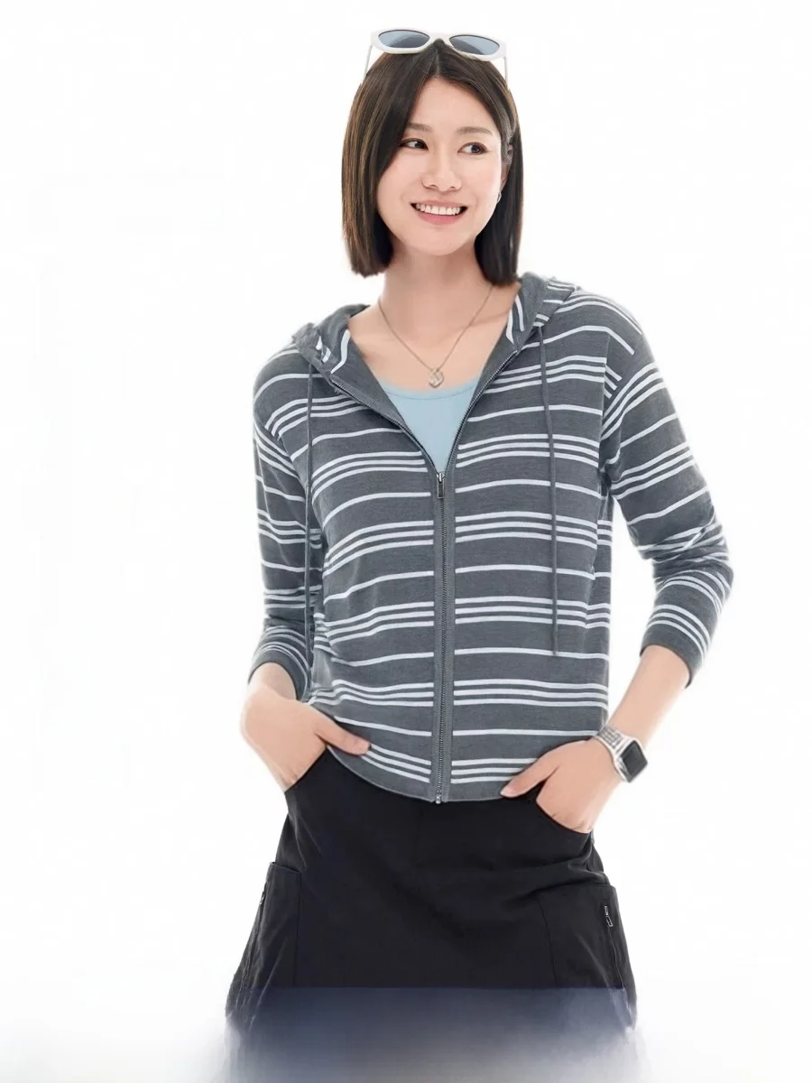 

Cloud Life Color Block Striped Hooded Knitted Open Cardigan Spring Loose Zipper Jacket Women's Casual Soft Viscose Polye...