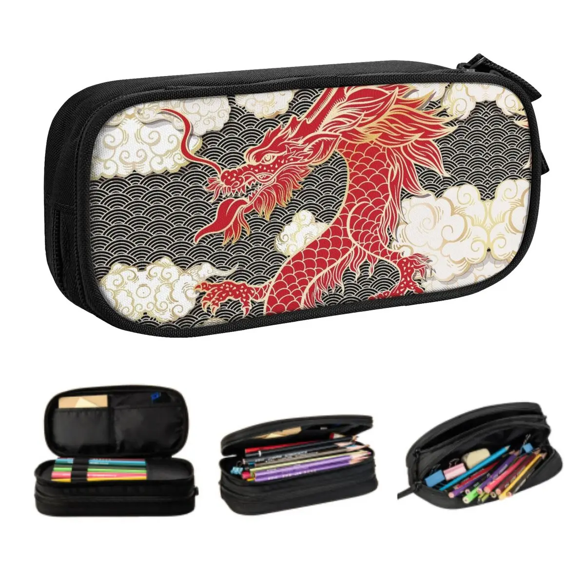 Custom Cute Chinese Red Dragon Totem Pattern Pencil Case for Boys Gilrs Big Capacity Tradition Asian Style Pencil Box Stationery