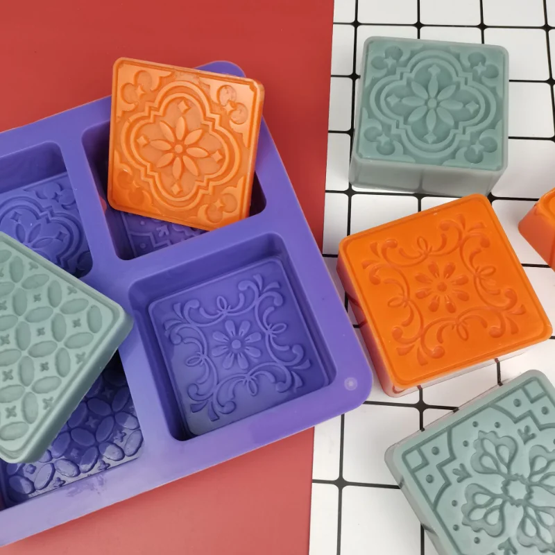 Multi-style 4 Hole Square Silicone Soap Mold DIY Flower Candle Resin Plaster Making Set Chocolate Cake Ice Mould Home Decor Gift