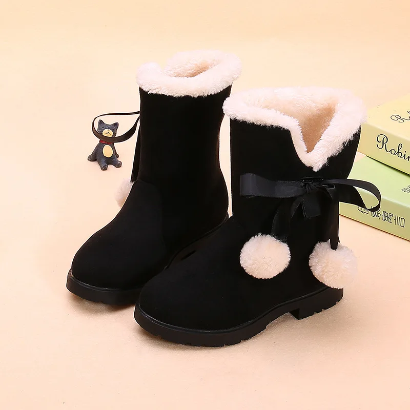 Girls Snow Boots Winter Warm Plush Kids Boots Cute Princess Sweet Bow-knot with Ball Hairball Flock Children Winter Boots 27-38