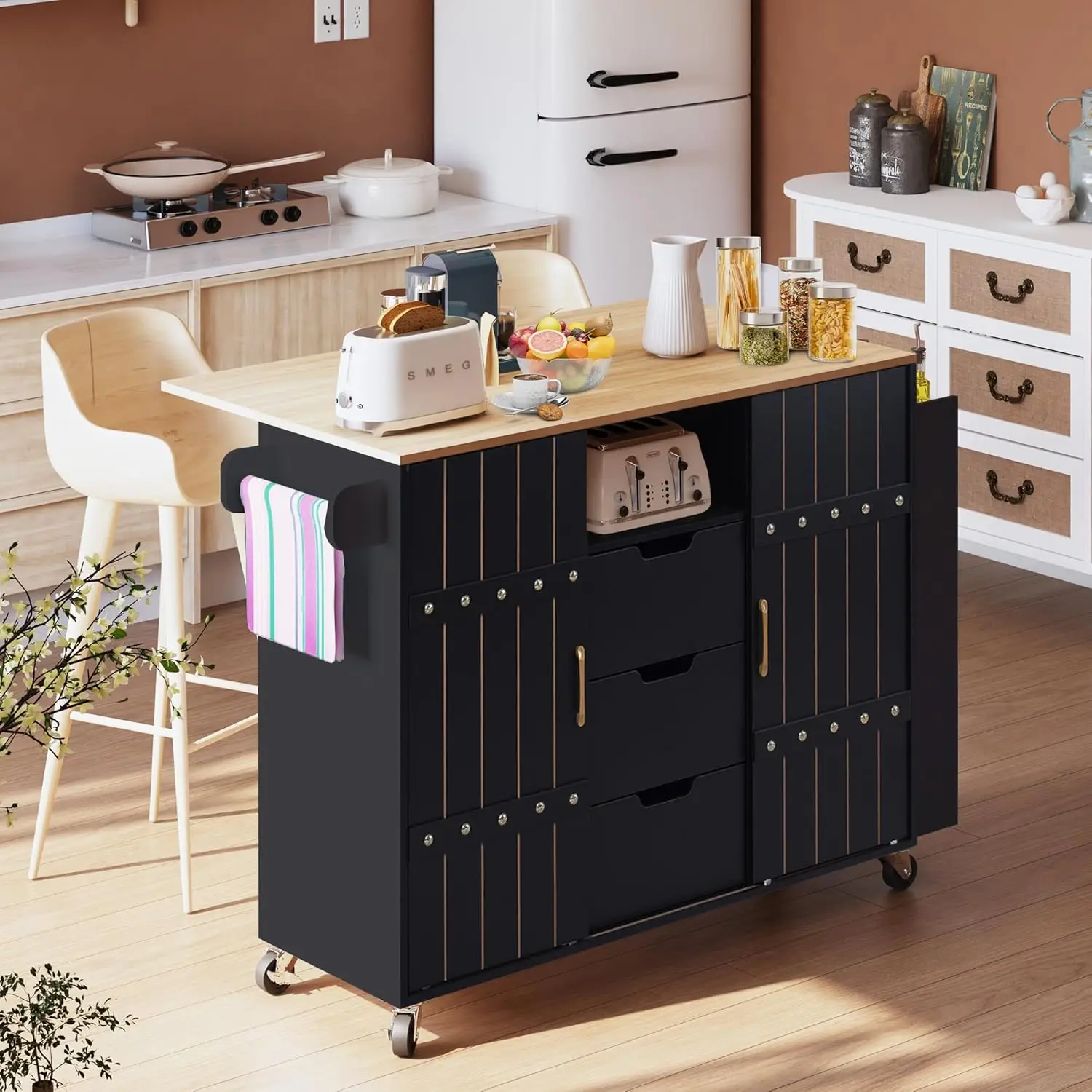 Kitchen Island with Storage, Rolling Kitchen Island Cart with Drop Leaf Countertop, Portable Kitchen Island on Wheels