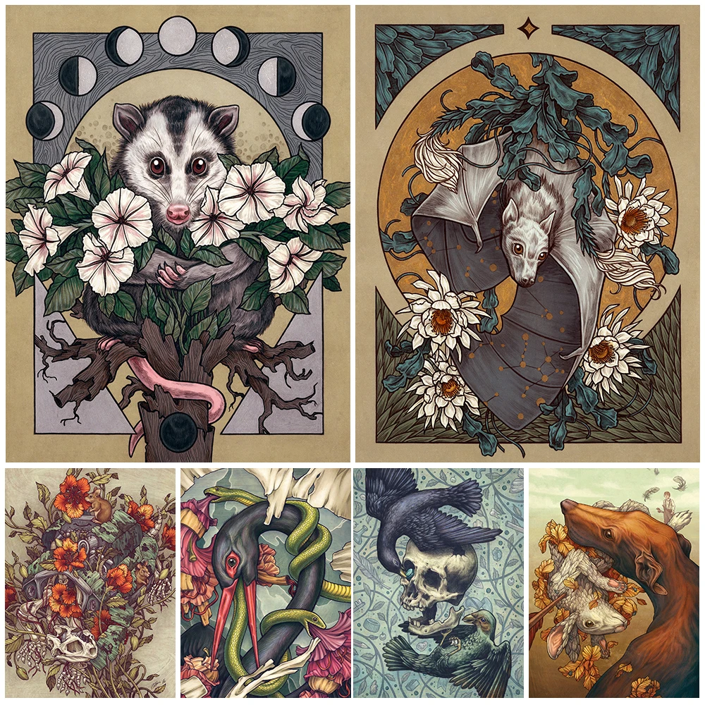 Skeletons,Flowers & Mysterious Animals Vintage Wall Art Canvas Painting Bat Opossum,Astrology Moon Stars Planets Poster Print