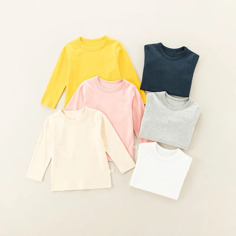 

Boy's and Girl's Cotton Long-Sleeve T-Shirt Summer New Arrival Solid Color Crew Neck Korean Basic Tops Children's Clothing