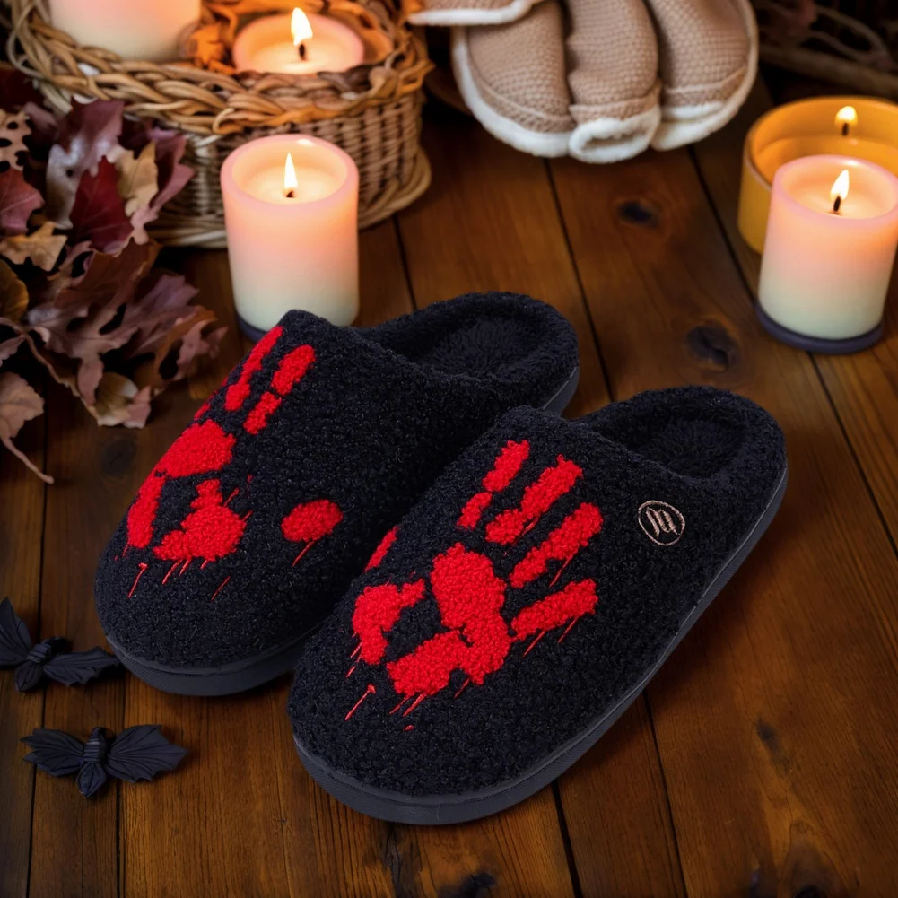 Halloween Palm Plush Slippers Warm Slip-on House Shoes Non-Slip Soft Furry Slipper Thermal Closed Toe Slippers for Autumn Winter