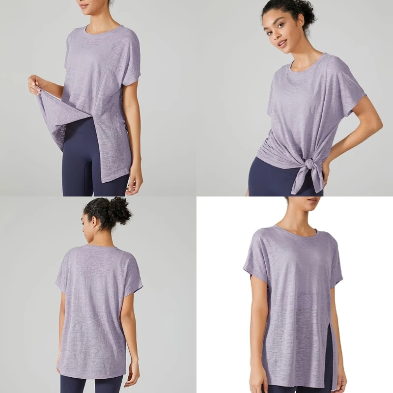 Women Loose Fit Yoga Shirts Short Sleeves Tees Top Front Split Yoga Tops Breathable Round Neck Tops for Workout Running