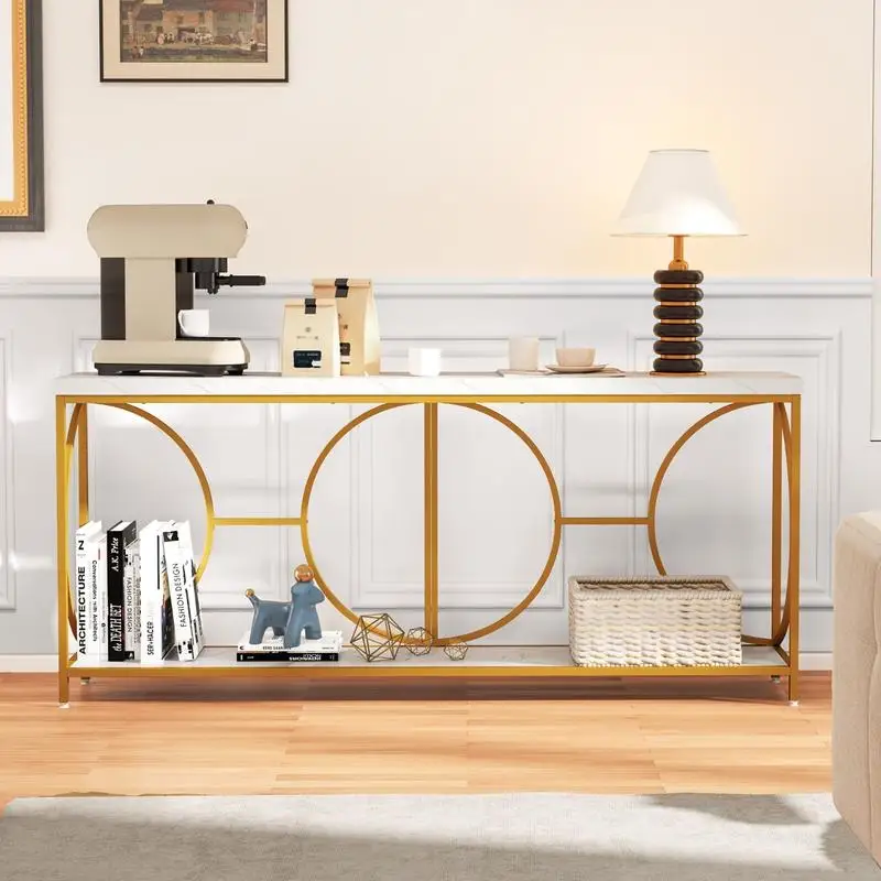 Mesa Consola de 2 Niveles con Superficie de Imitación Mármol, Diseño de Metal Dorado, Patas Ajustables, Mesa Auxiliar Moderna para Entrada, Decoración del Hogar