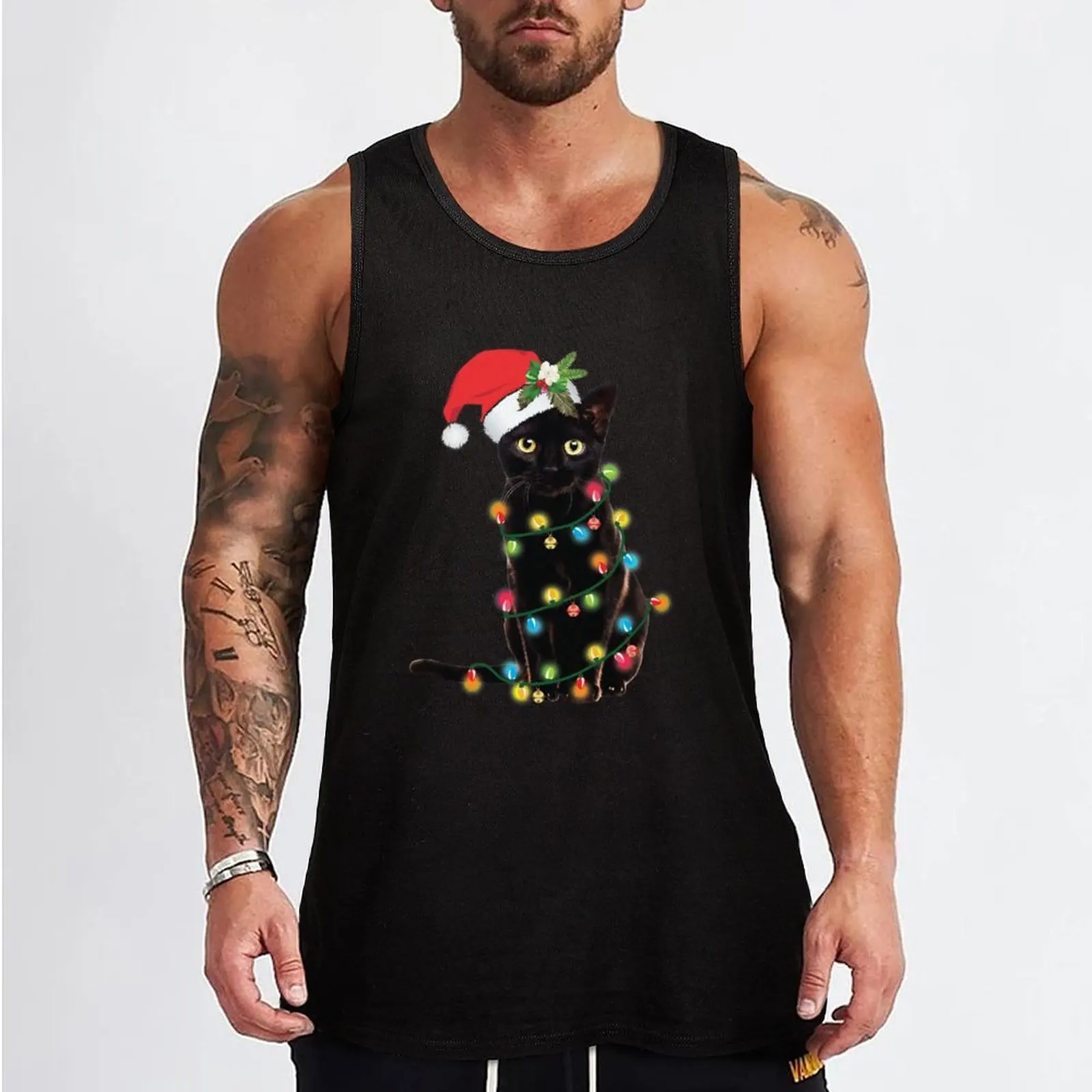 Black Santa Cat Tangled Up In Lights Christmas Santa Tank Top sports vest fitness clothing for men Men's clothing brands