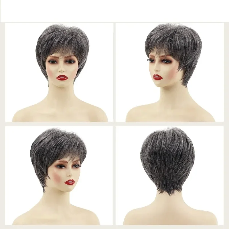 Fotografia 6: Nova Chegada: Peruca Feminina Curta Pixie Cinza Claro de Cabelo Humano, 4 Polegadas, 150% de Densidade, Estilo Natural Feito à Máquina