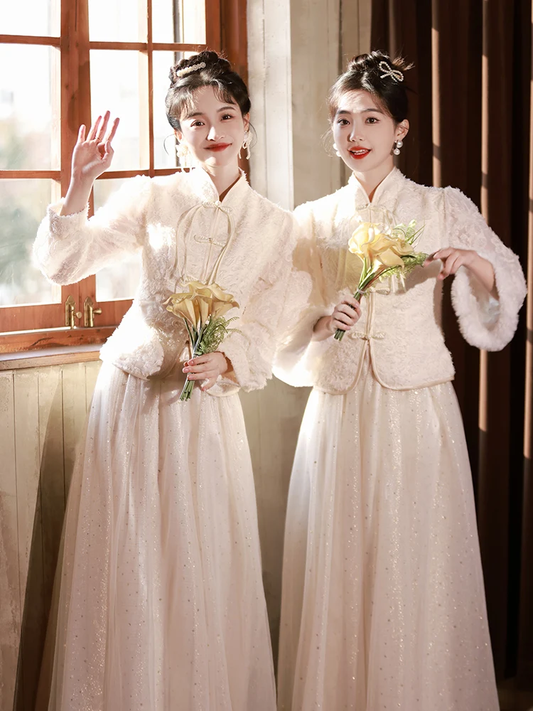 

Новая зимняя теплая юбка-платье цвета шампань в китайском стиле для церемоний, с длинными рукавами, облегающая, для сестер/подружек невесты