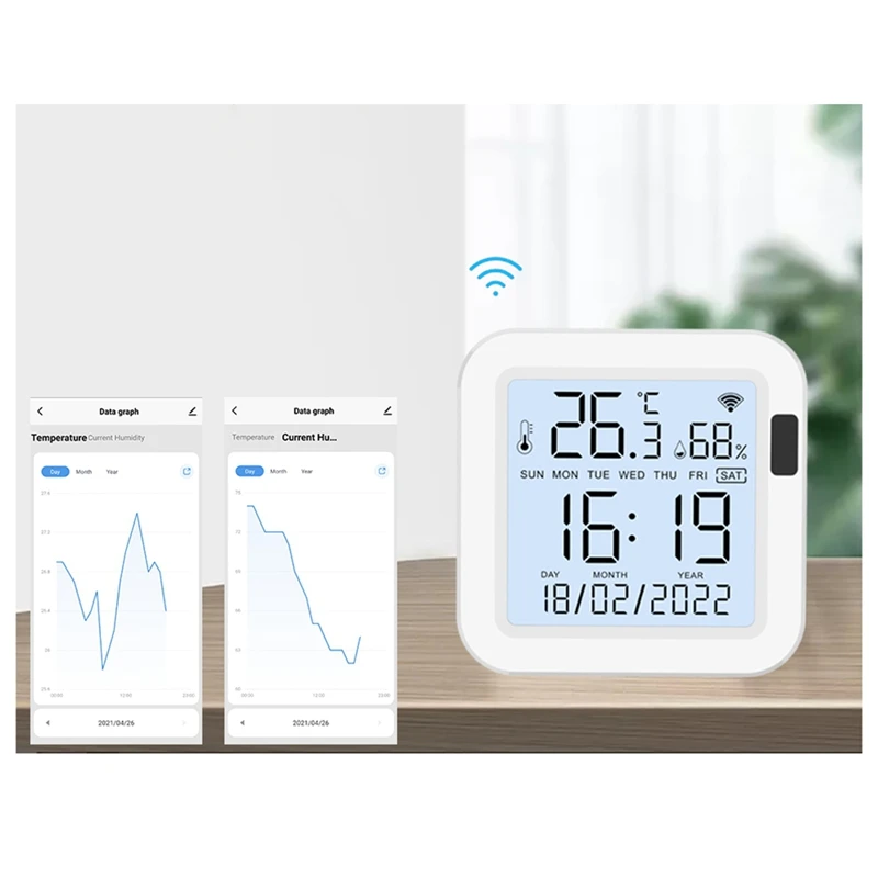 Tuya Temperatura e Umidade Sensor Inteligente, Retroiluminação para Casa Inteligente, Wi-Fi, Tuya, Funciona com Alexa Assistant