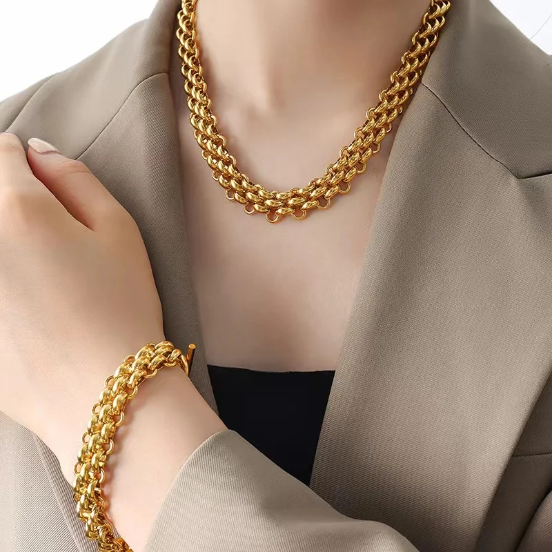 GANPUP 316L Edelstahl Wasserdicht Gold Farbe Metall Kubanische Kette Aussage Halskette Armband Set Charme Mode Schmuck Frauen – Detail 8