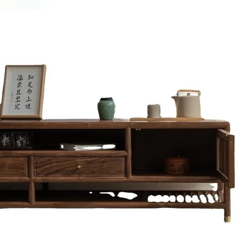 Lemari TV kayu solid baru bergaya Zen dari kayu walnut hitam modern sederhana kombinasi lemari lantai.