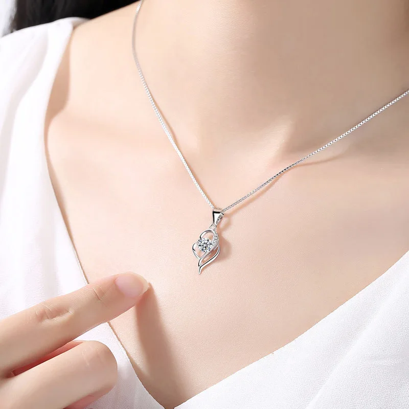 New Fashion 925 Sterling Silver Musical Note Design Fine Heart Zircon Pendant Necklaces Women Jewelry Rhinestone Clavicle Chain