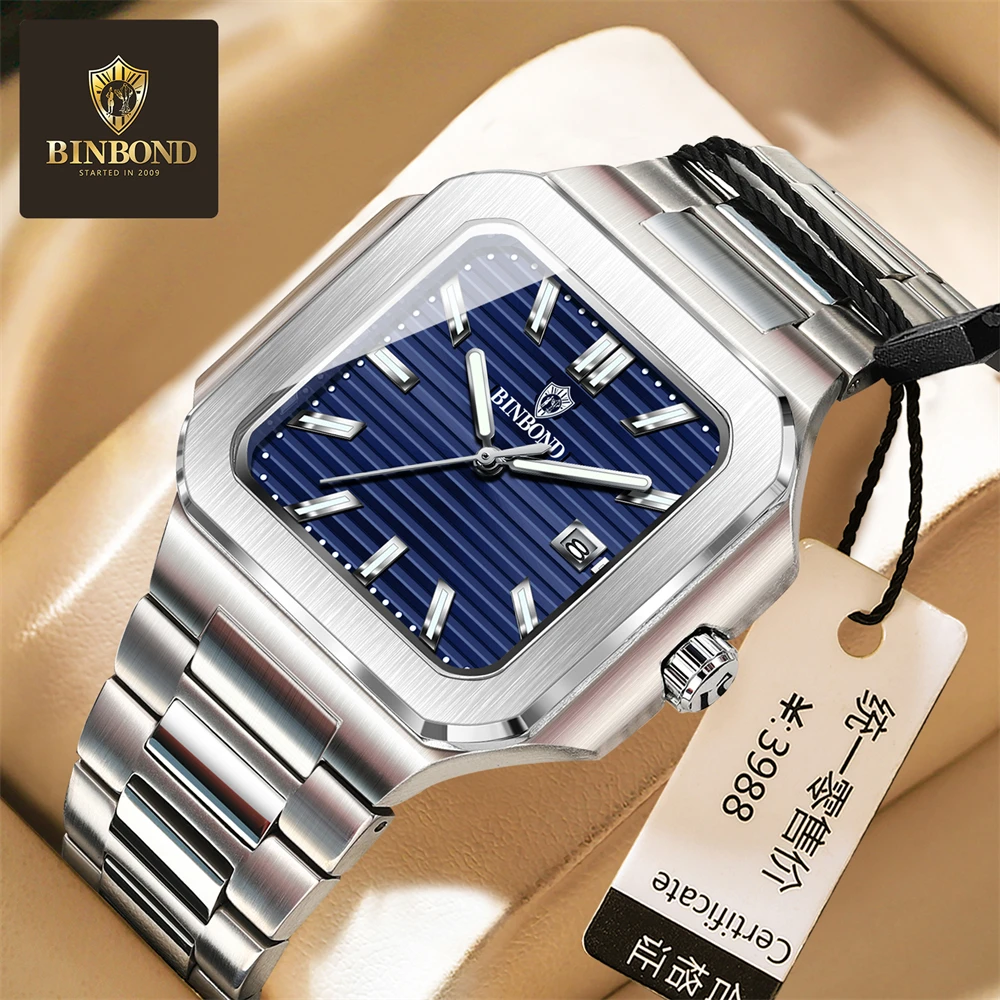 Binbond luxo quadrado esporte homem relógio de pulso à prova dwaterproof água luminosa cronógrafo quartzo relógios masculinos aço inoxidável reloj
