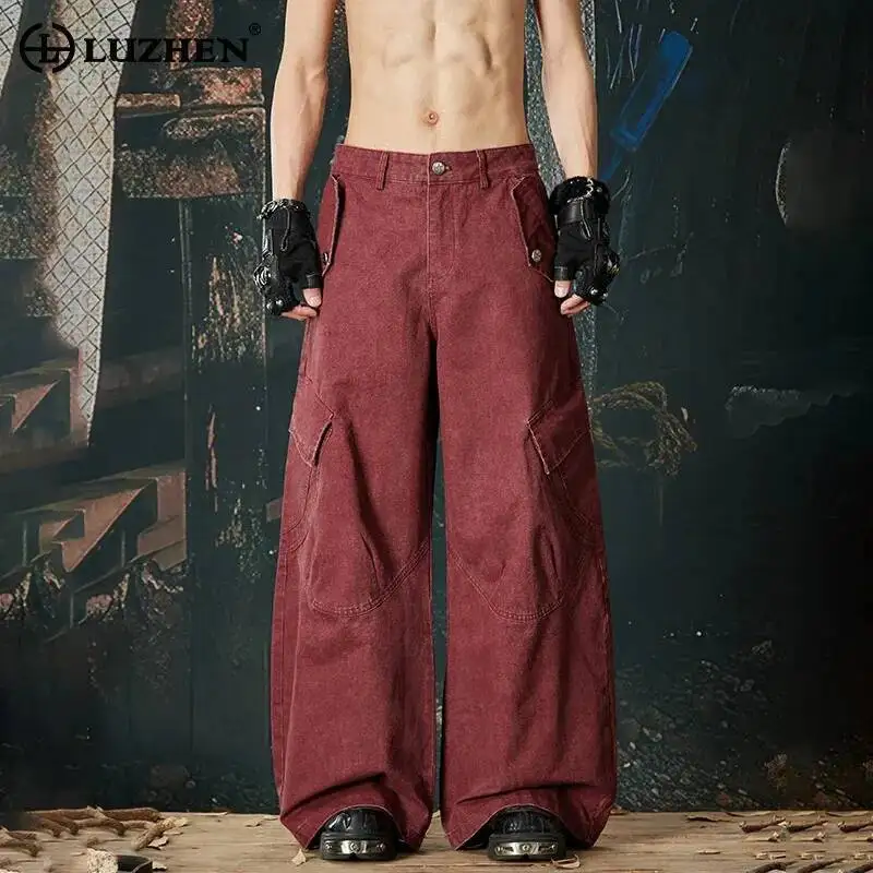 LUZHEN 2026 New Solid Color Multi Pockets Decorate Loose Wide Leg Casual Jeans Men Fashion Handsome Straight Denim Pants JY6765
