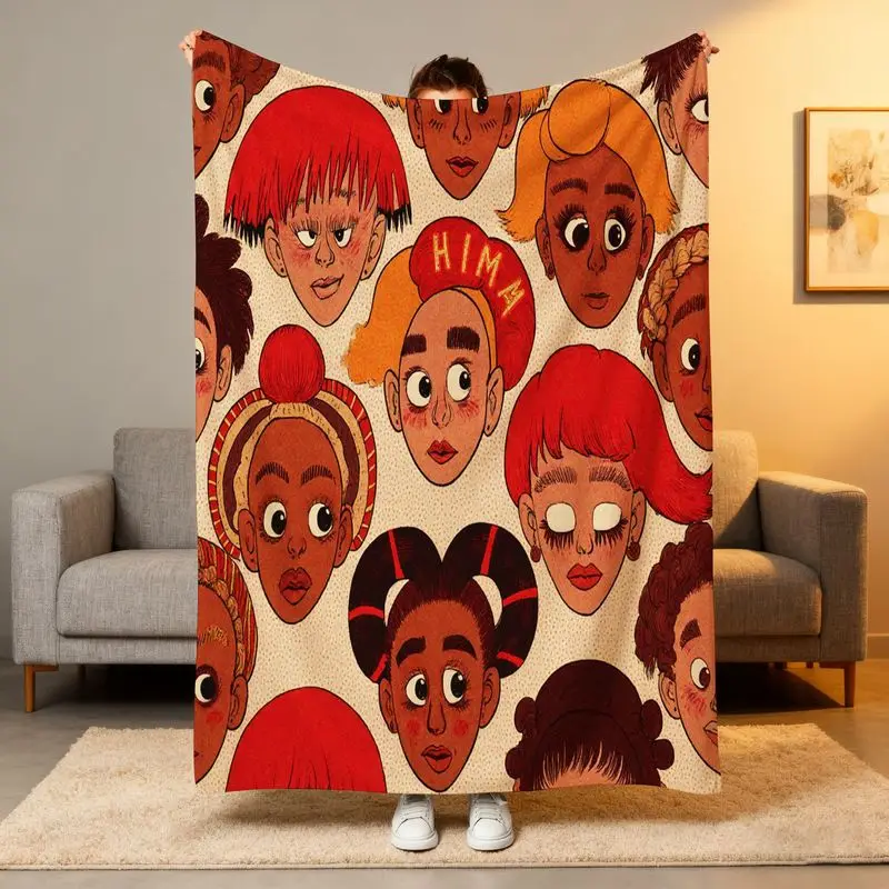Top Pick Cozy Cartoon Faces Fleece Blanket - Kids Face Hairstyle Design All-Season Bedtime Movie Gift Throw
