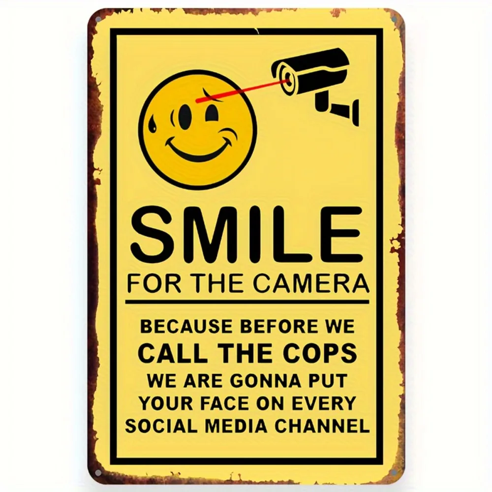 1pc, Tin Sign, Smile You on Camera Sign, Video Surveillance Sign Outdoor Aluminum Warning Sign Security Camera