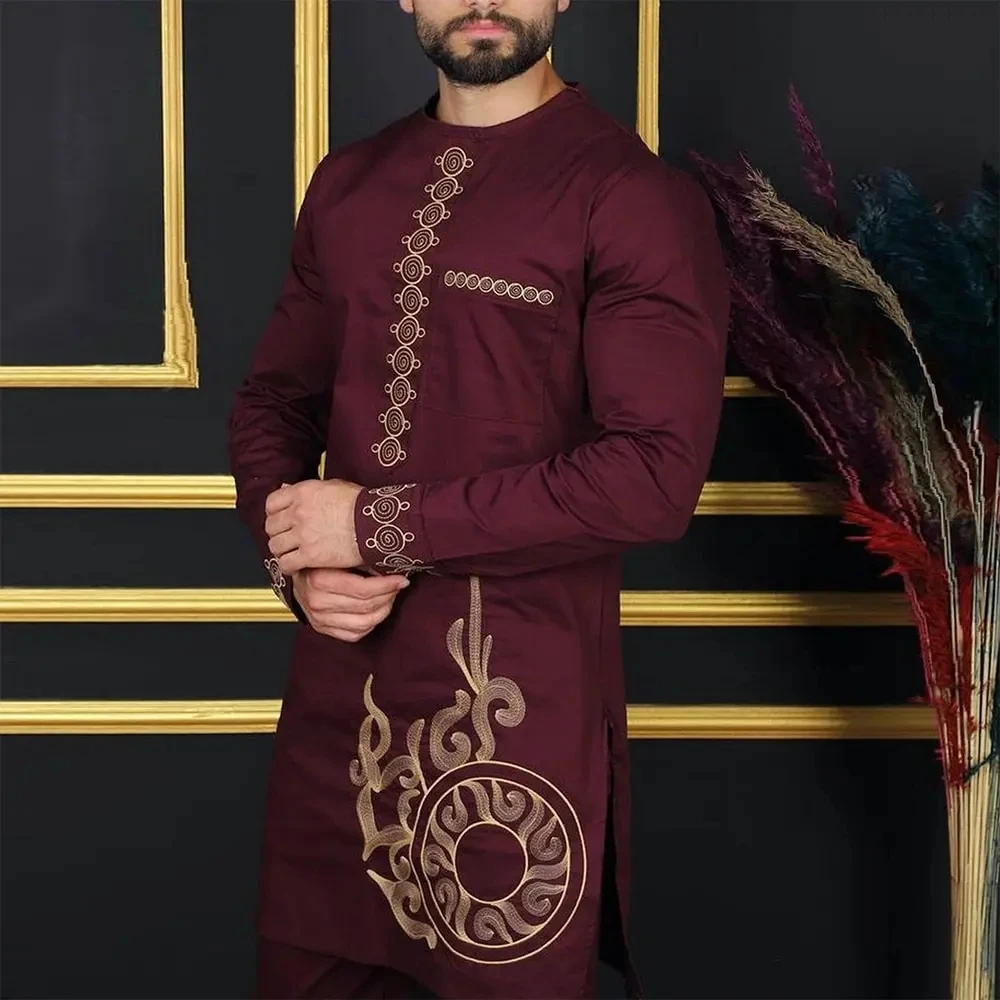 Man Sets Outfit Wedding Africa Beaded Long-sleeved Top Pants Kaftan Traditional Clothing Costoumes Ethnic Casual Men\'s 2Pcs Suit