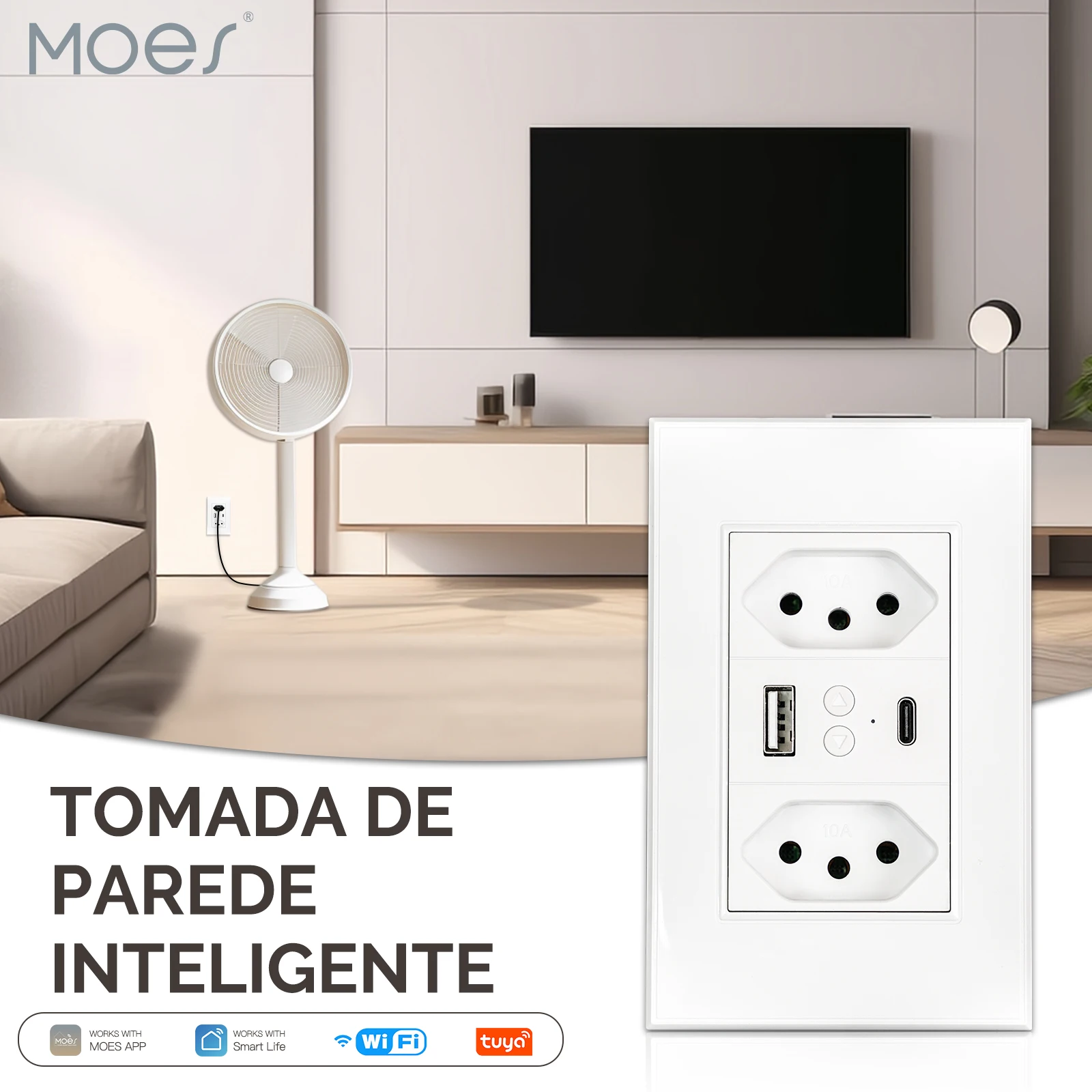 Smart WiFi Wall Outlet Brazilian Standard Electrical Plug Type-C USB Charger 10A and Independent Separate Control Remote Control