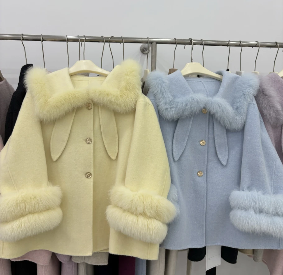 

Женское осенне-зимнее элегантное пальто с отделкой из лисьего меха, вовняное свободное пальто с отложным воротником, женские манжеты из лисьего меха, теплая шерстяная верхняя одежда с длинными рукавами