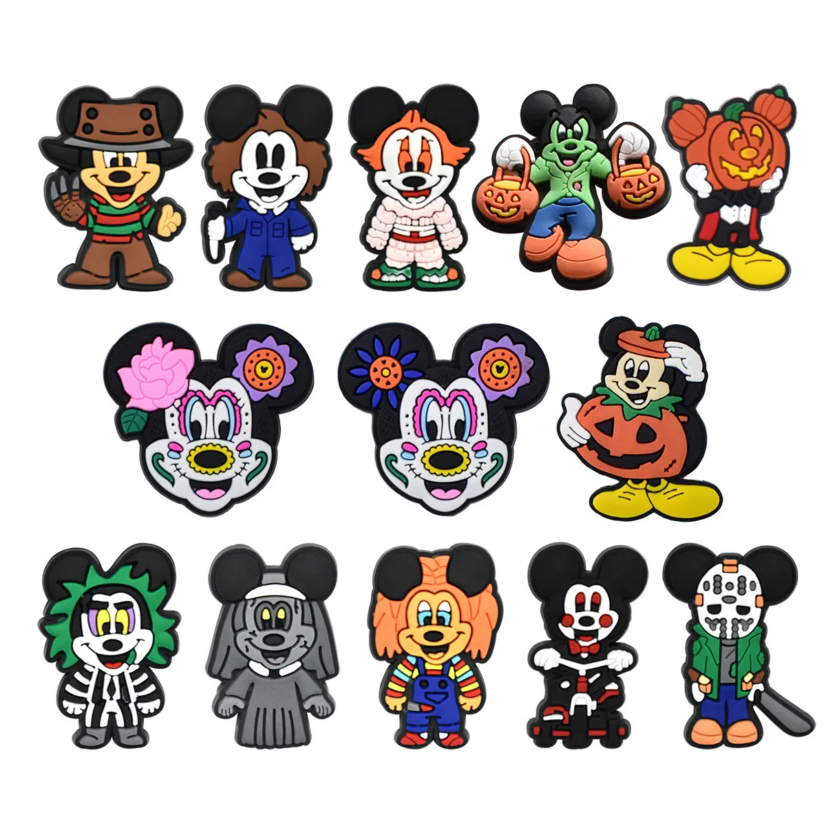 14pcs Halloween Cartoon Mouse Shoe Charms Spooky Pumpkin Ghost 2D PVC Detachable Clips for Crocs Clogs Sandals Party Decoration