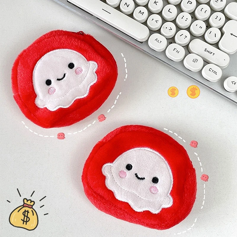 1Pcs Cute Cartoon Red Octopus Plush Coin Purse Portable Mini Zipper Wallet With Keychain Earphone Key ID Credit Card Storage Bag