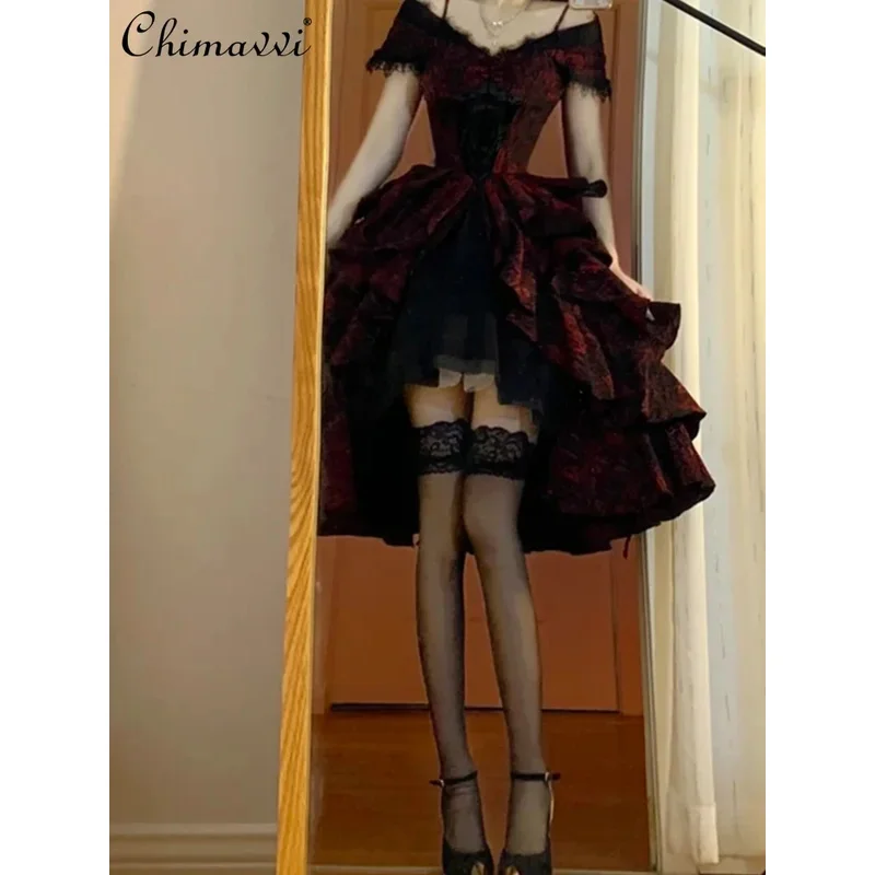 Gothic Lolita Black and Red Jacquard Wave Spring Summer New Heavy Light Luxury Off-shoulder Cosplay Fluffy Princess Dress yi;4