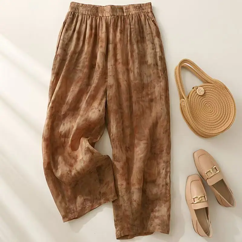 Wiosna Lato Vintage Wygodne Luźne Bloomers Ladies Office Lady Tie Dye Elastyczne spodnie w talii Odzież damska Spodnie codzienne