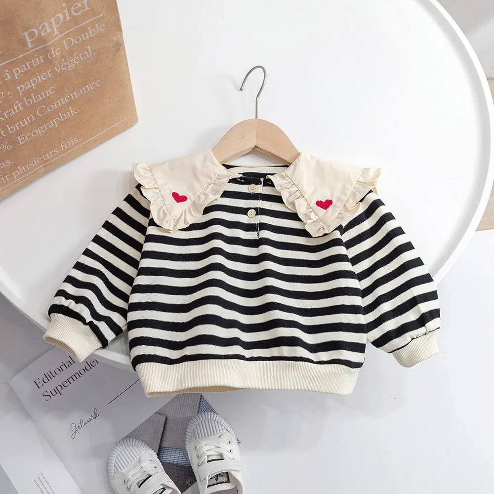 

Fashion Baby Girls Sweatshirt Korean Style Ruffles Peter Pan Collar Kids Girl Pullover Tops Long Sleeve Striped Hoody T-Shirts