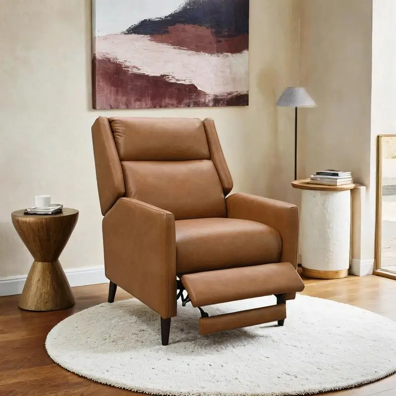 

Brown Mid-Century Modern Pushback Recliner with Tapered Legs, Linen Textured Fabric, High Back, Subtle Channel Design for